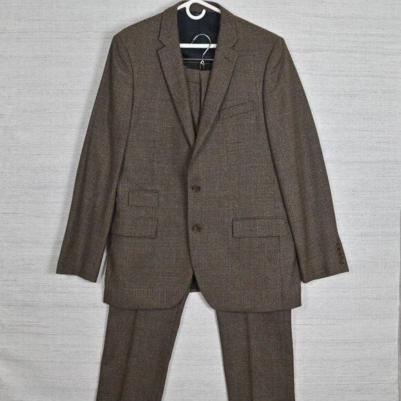 J. Crew Thompson Slim Fit Formal 100% Wool Check Brown Grey Suit Set 42L W34/L32 - Picture 6 of 16
